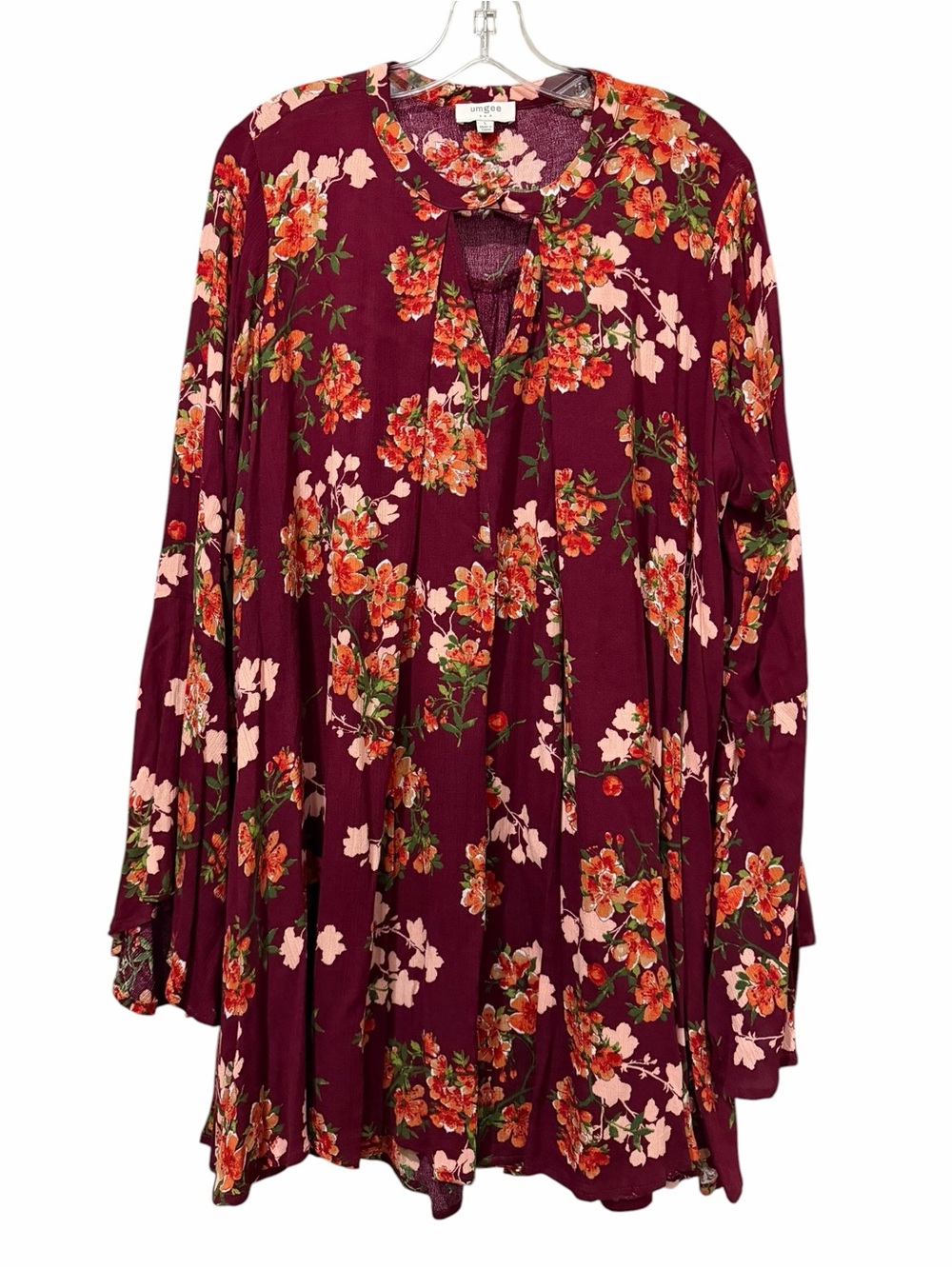 Umgee Large Floral Bell Long Sleeve Mini Dress Tunic Top Boho B8